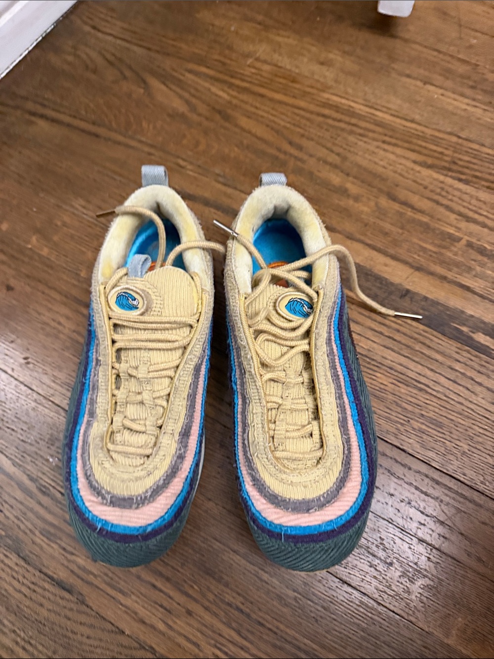Beige Multicolor Kids Corduroy Sneakers with Blue & Pink Accents